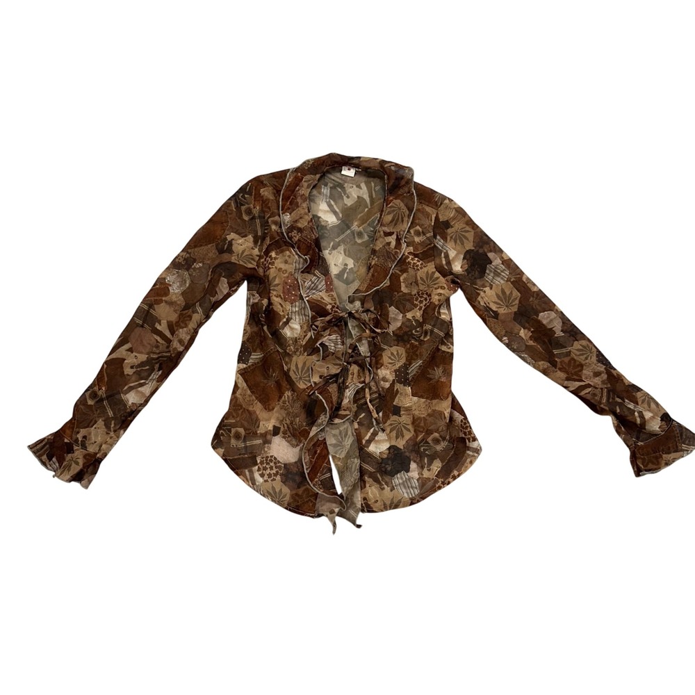 Women Brown Patchwork Sheer Mesh Ruffle Tie Front Long Sleeve Top Size 42